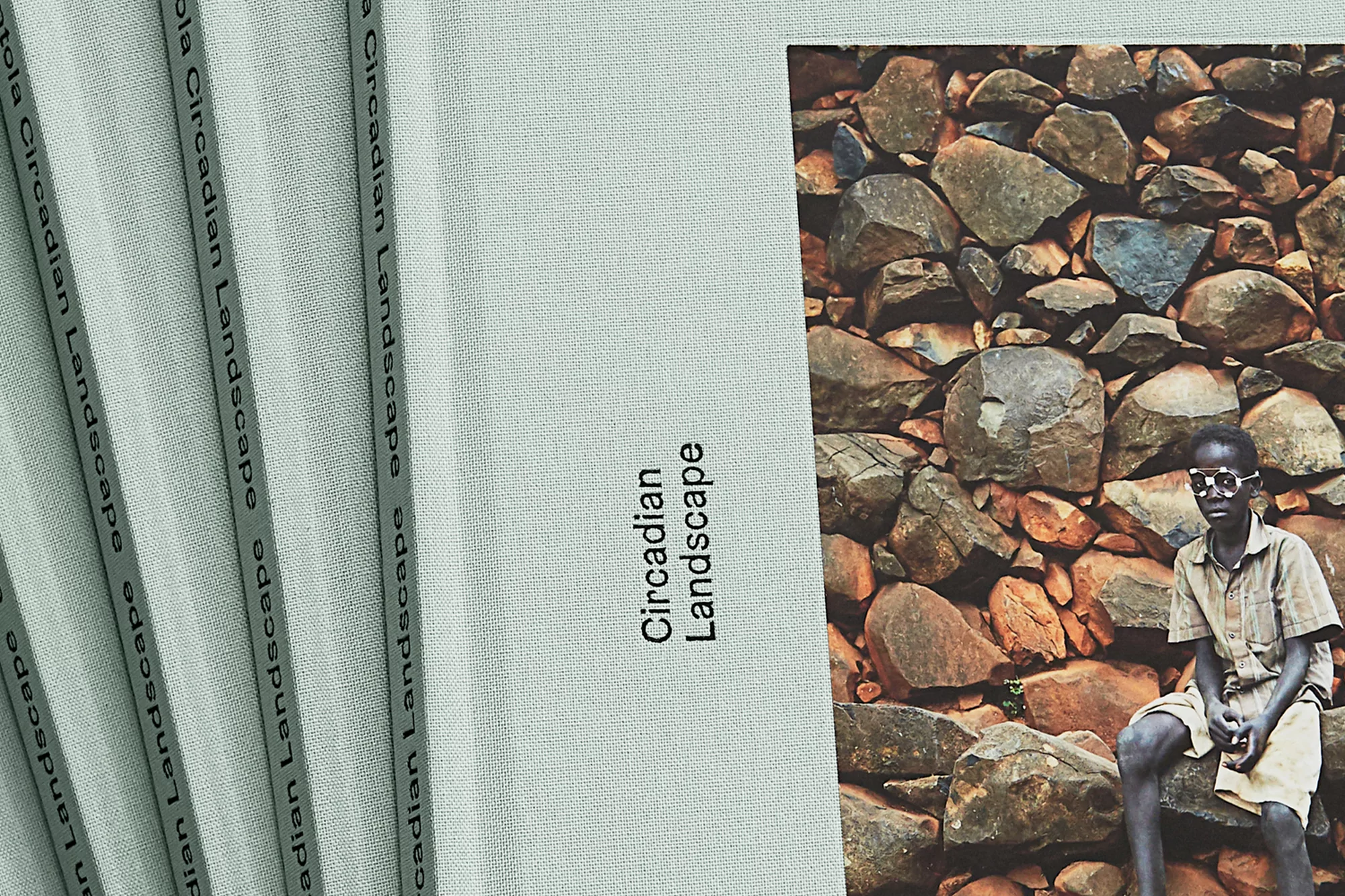 Book cover features a child sitting against a rock wall, overlaid on a pale blue book titled 'Circadian Landscape'.