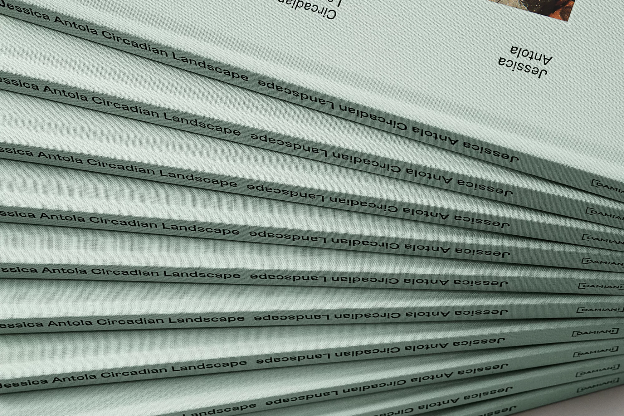 Stack of 'Jessica Antola Circadian Landscape' books with a light blue-gray cover and black text. The books are neatly stacked.