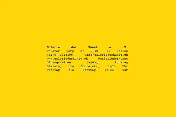 Promotional image of Galerie der Kunst, showing the gallery's name, address, phone number, email, website and opening hours, with a yellow background.