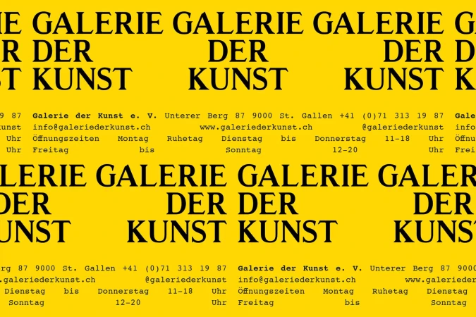 Bold yellow brand identity poster design featuring repeating black serif typography for Galerie der Kunst