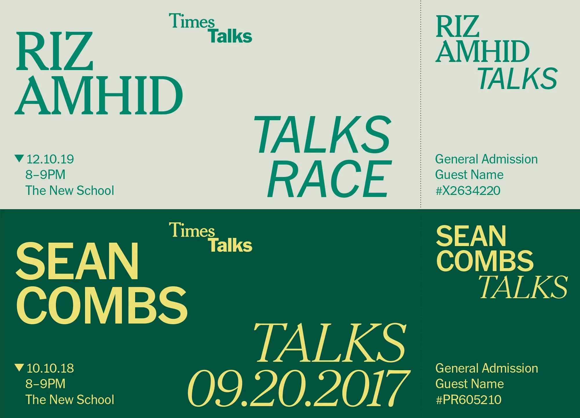 Flyers promote 'Times Talks' events with Riz Amhid and Sean Combs at The New School, featuring event dates and general admission details.