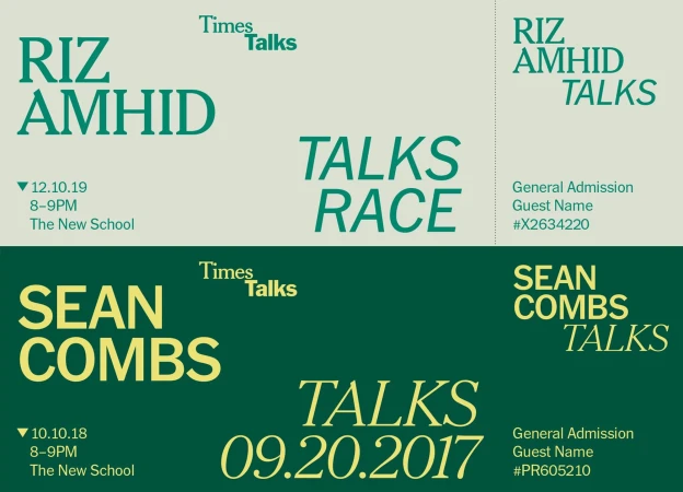 Flyers promote 'Times Talks' events with Riz Amhid and Sean Combs at The New School, featuring event dates and general admission details.