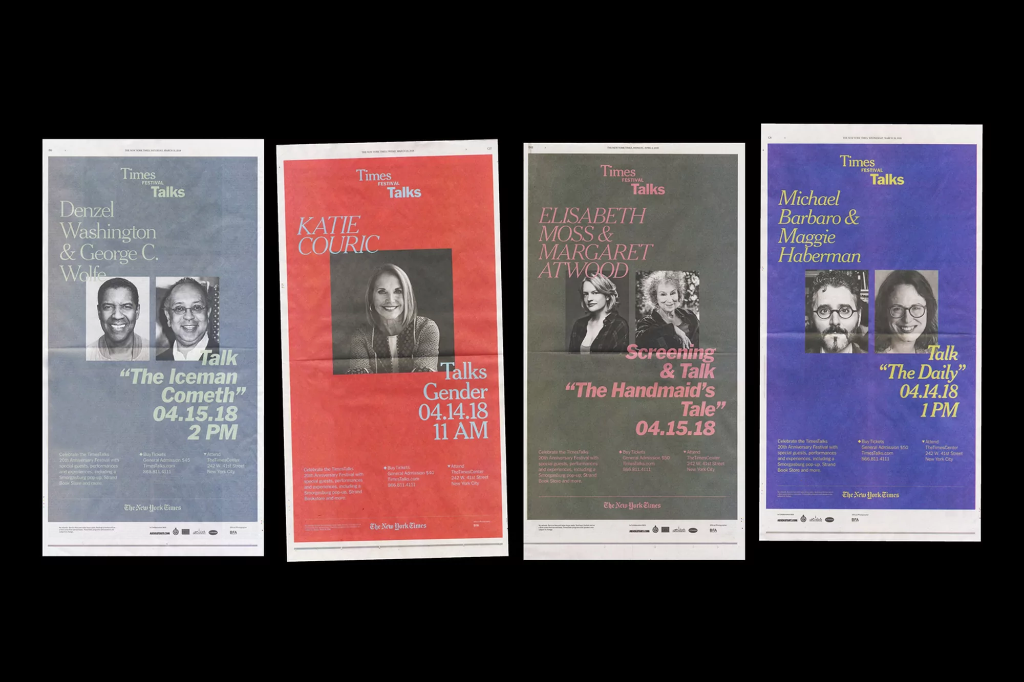 Four 'Times Talks' posters, each promoting different interview events, featuring grayscale headshots of the respective speakers with event details.