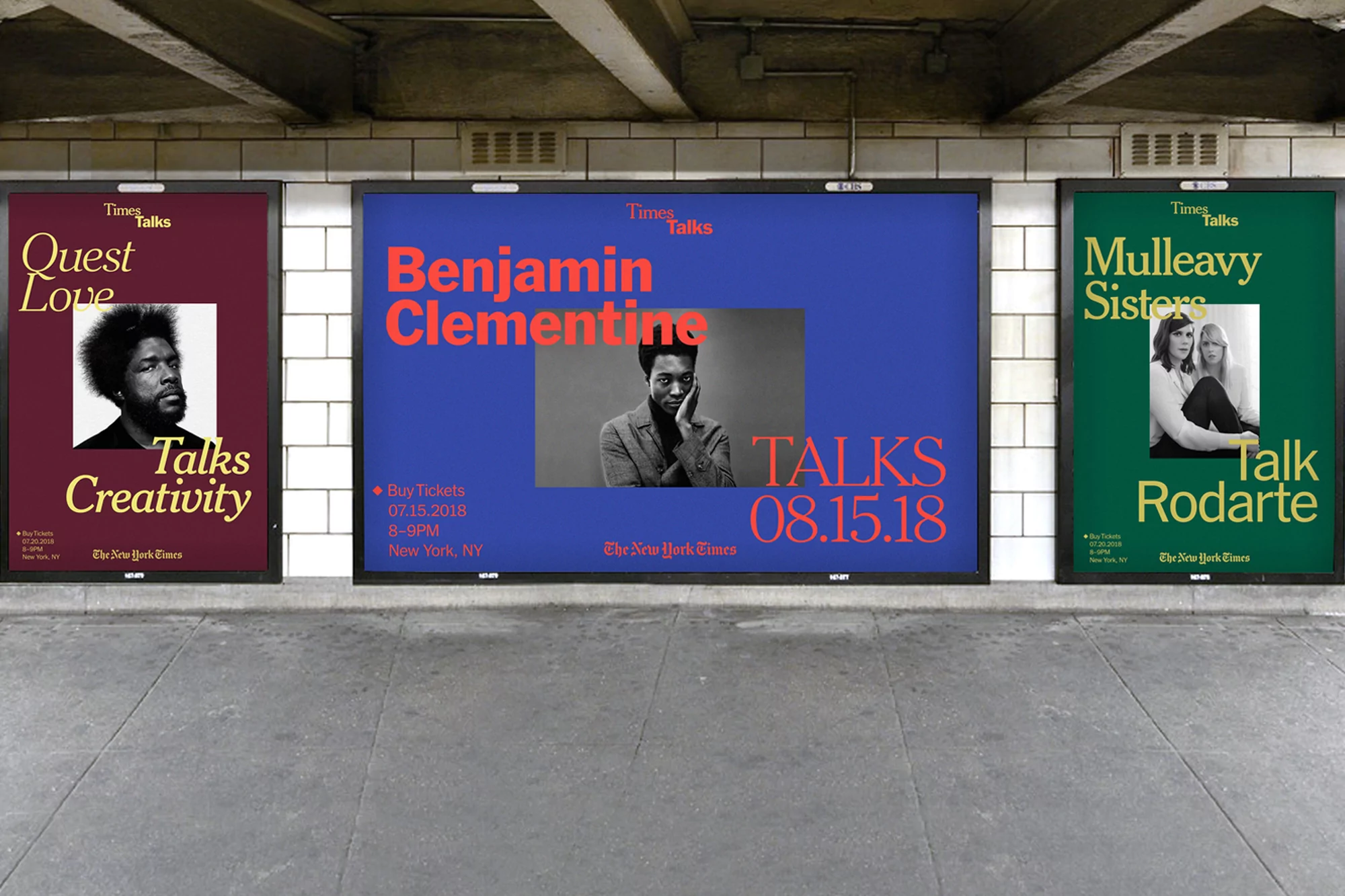 Subway platform featuring posters advertising 'Times Talks' with Questlove, Benjamin Clementine, and the Mulleavy Sisters (Rodarte).