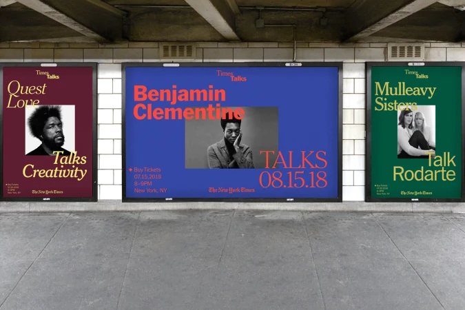 Subway platform featuring posters advertising 'Times Talks' with Questlove, Benjamin Clementine, and the Mulleavy Sisters (Rodarte).