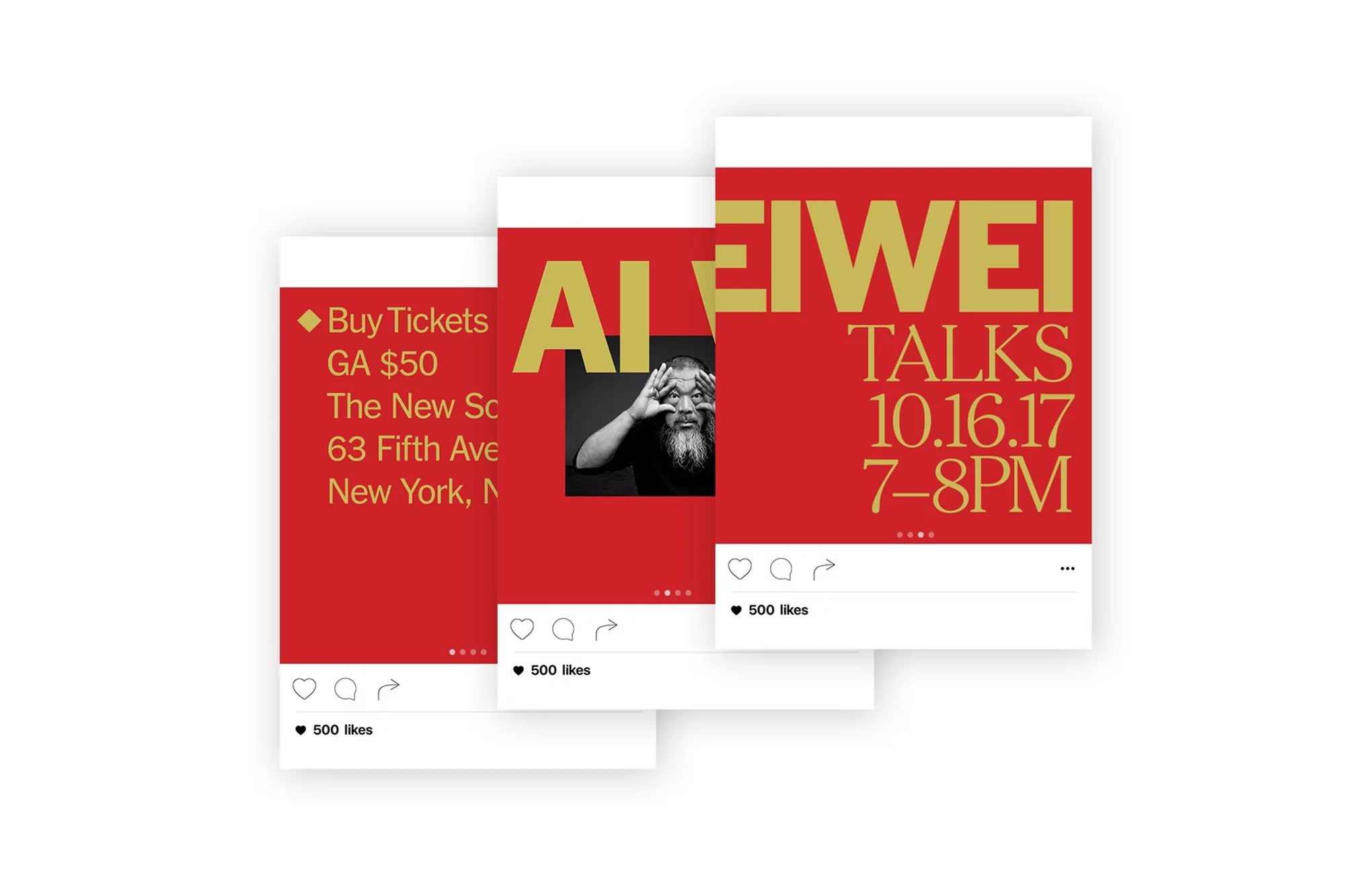 Three social media posts advertising an Ai Weiwei talk on 10.16.17 from 7-8 PM, featuring a photo of Ai Weiwei making a finger frame.