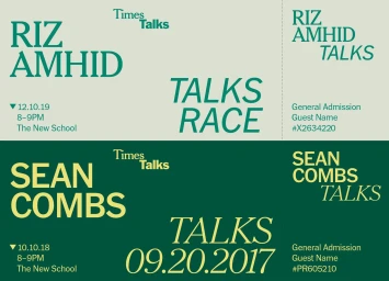 Graphic identity and event ticket designs for Times Talks by The New York Times, featuring bold typography in green and beige.