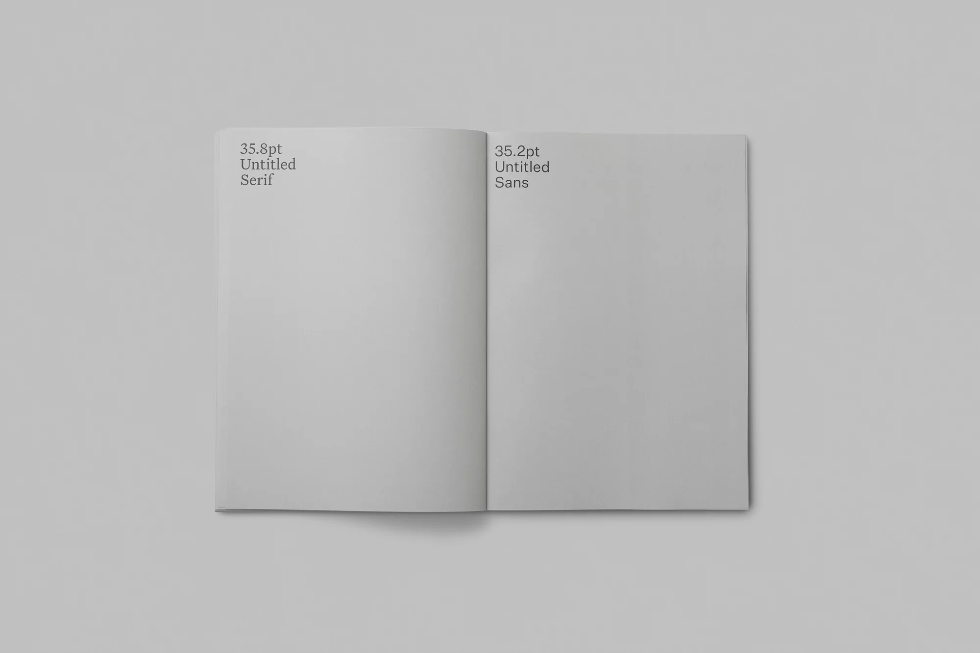 Open book displays typefaces, showing '35.8pt Untitled Serif' on the left page and '35.2pt Untitled Sans' on the right, flat lay.