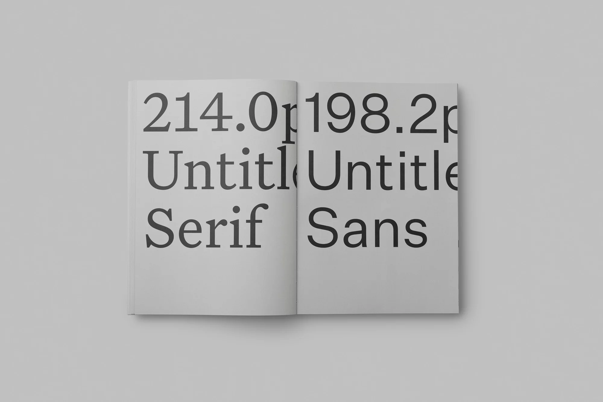Open book displays typography examples, showing serif and sans-serif fonts, with text sizes labeled in points on a light gray background.