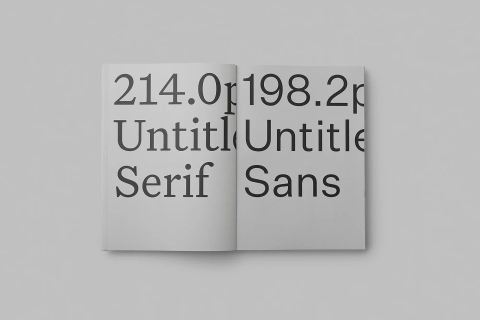 Open book displays typography examples, showing serif and sans-serif fonts, with text sizes labeled in points on a light gray background.