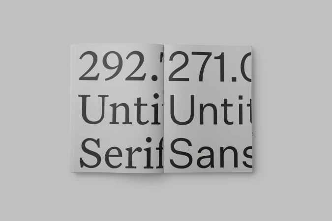Open book on a white background displaying text in varying fonts, including '292,' 'Untitled,' 'Serif,' and 'Sans'.