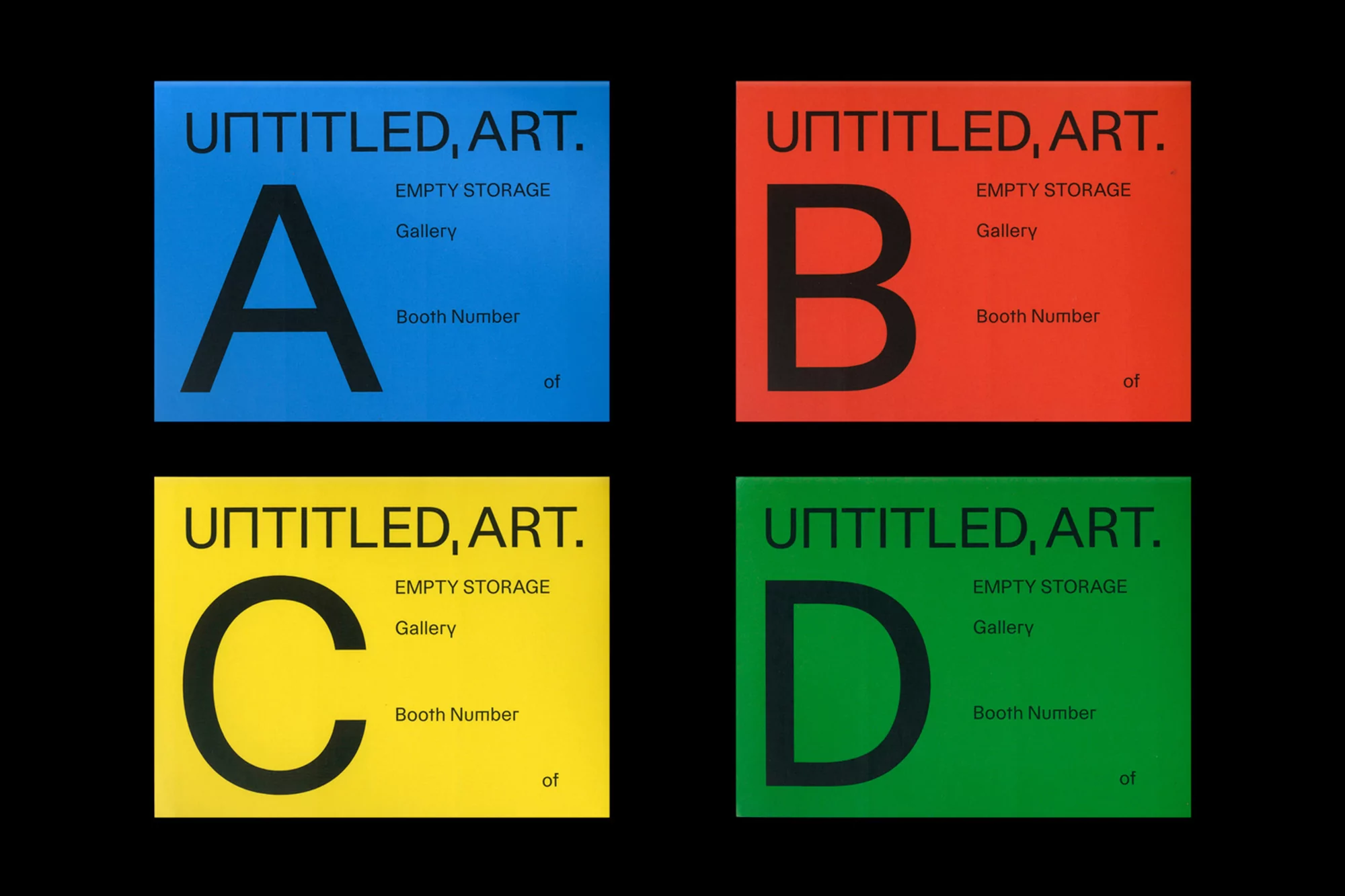 Four square art prints, each a different vibrant color with a large letter and the words 'Untitled, Art. Empty Storage Gallery'.