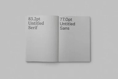Open booklet showing typography specimen pages with Untitled Serif and Untitled Sans on a neutral grey background