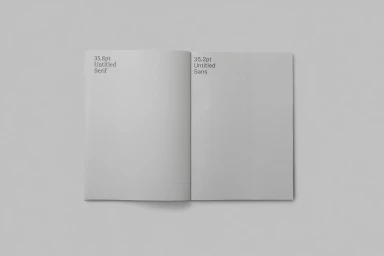 An open booklet displaying typographic specs on a neutral grey background