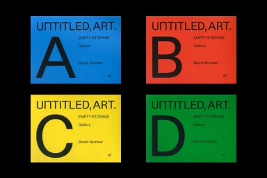 Four colorful rectangular graphic identity panels in blue, red, yellow, and green featuring bold black typography and the text Untitled Art