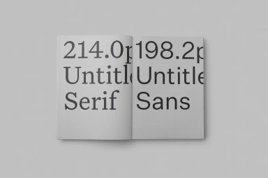 Open book spread displaying typographic specimen text for serif and sans fonts on light grey background