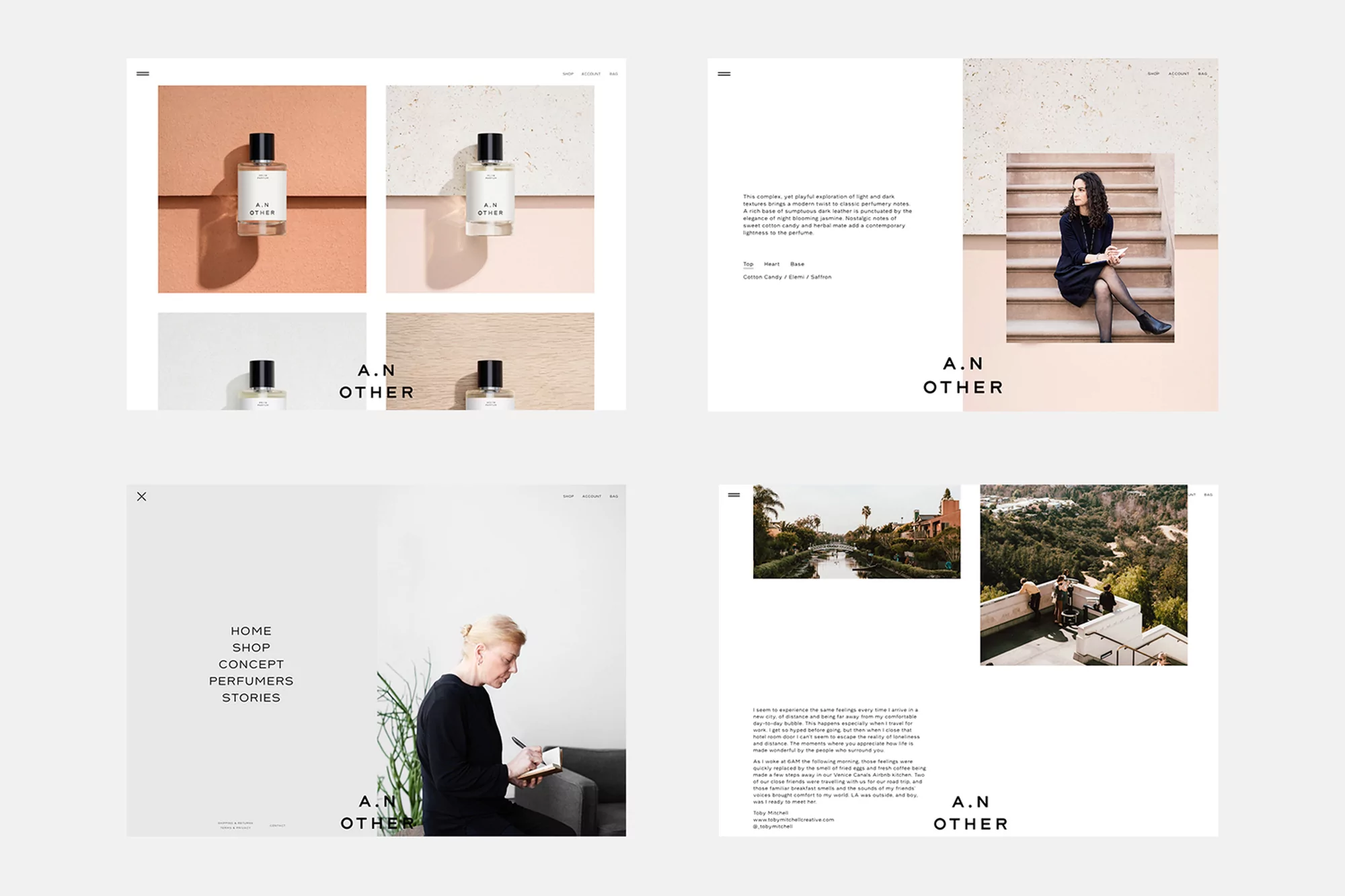 Website featuring perfume bottles in studio shots, an outdoor scene, and a woman seated on stairs for A.N Other brand.