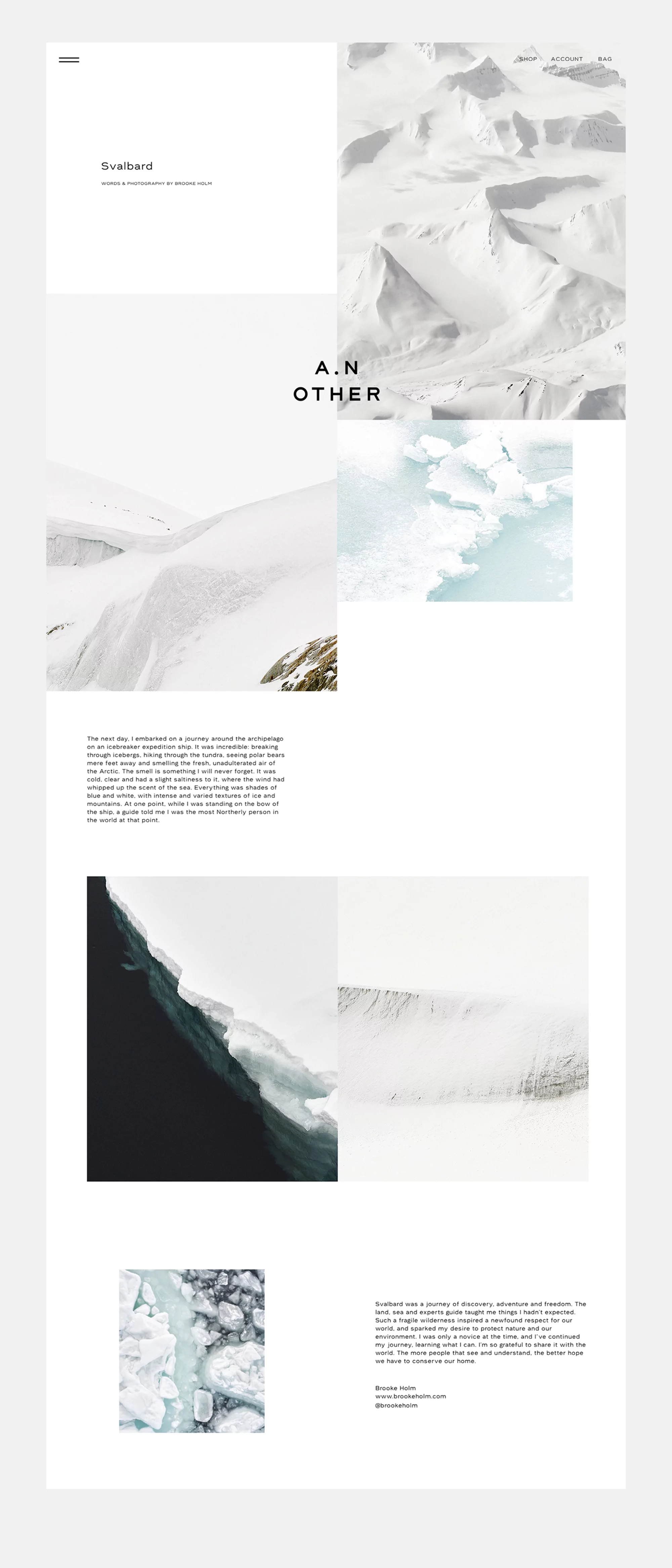 Monochromatic images of the Svalbard landscape, featuring snowy mountains, glacial ice, and abstract cloud formations in winter.