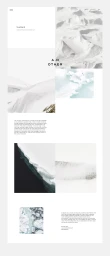 Minimalist digital web design layout featuring monochromatic snowy mountain landscape photography and typography.