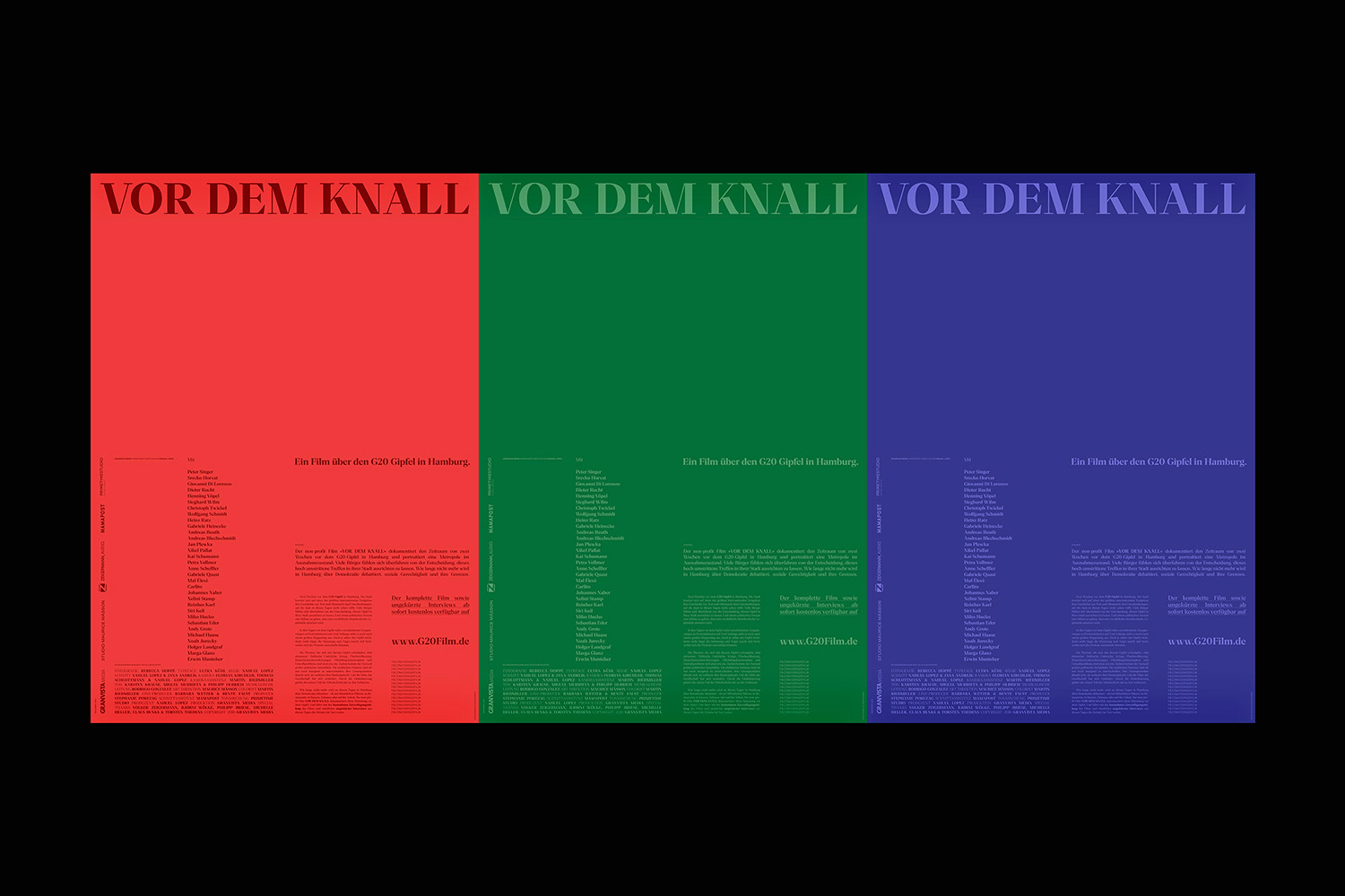 Three posters with the German text 'VOR DEM KNALL' in red, green, and blue, promoting a film about the G20 summit in Hamburg.