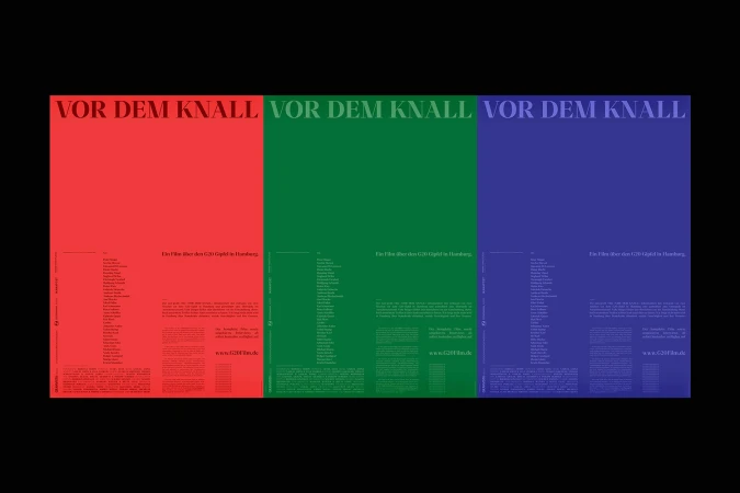 Three posters with the German text 'VOR DEM KNALL' in red, green, and blue, promoting a film about the G20 summit in Hamburg.