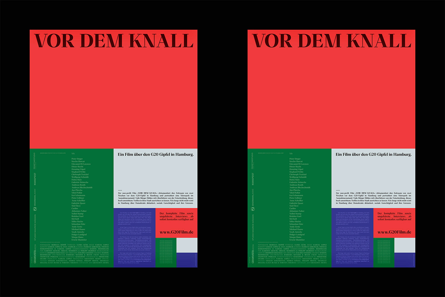 Two film posters for 'Vor Dem Knall' featuring bold typography, red and green color blocks, and event details on a black background.