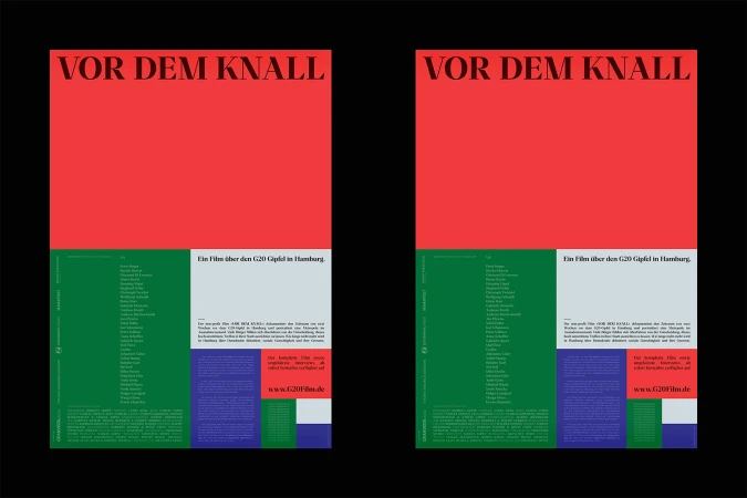Two film posters for 'Vor Dem Knall' featuring bold typography, red and green color blocks, and event details on a black background.