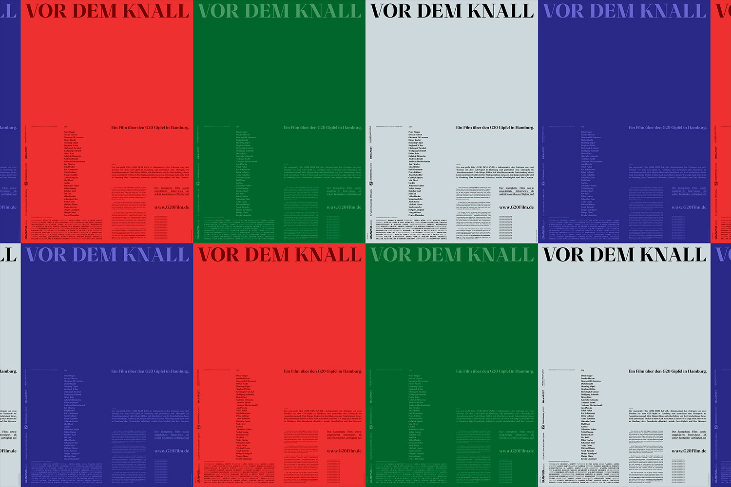 Graphic design featuring a repeating pattern of movie posters with bold typography and vibrant color blocks in red, blue, green, and grey.