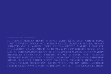 Monochrome blue graphic design image featuring detailed credits text layout by Maurice Masson