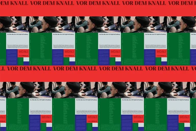 Graphic design layout with repeated rows of photographic panels and red banner text reading VOR DEM KNALL