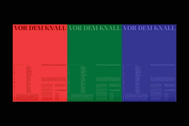 Three vertical poster designs in red, green, and blue featuring bold serif typography reading VOR DEM KNALL.