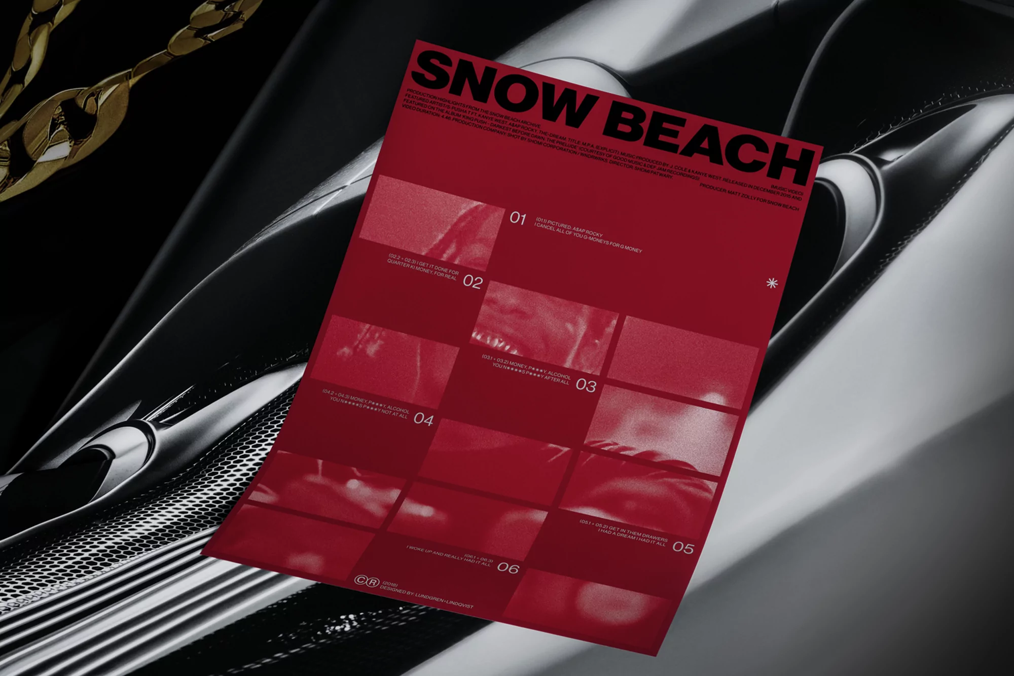 Fashion editorial image featuring a red poster titled "Snow Beach" partially obscuring a luxury car and gold chain. 