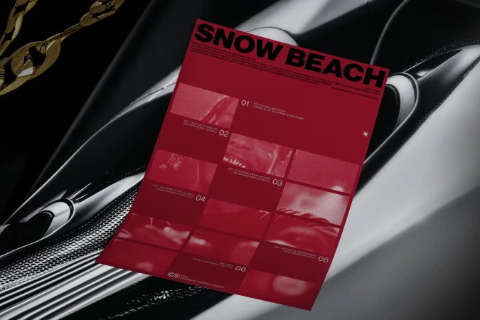 Fashion editorial image featuring a red poster titled "Snow Beach" partially obscuring a luxury car and gold chain. 