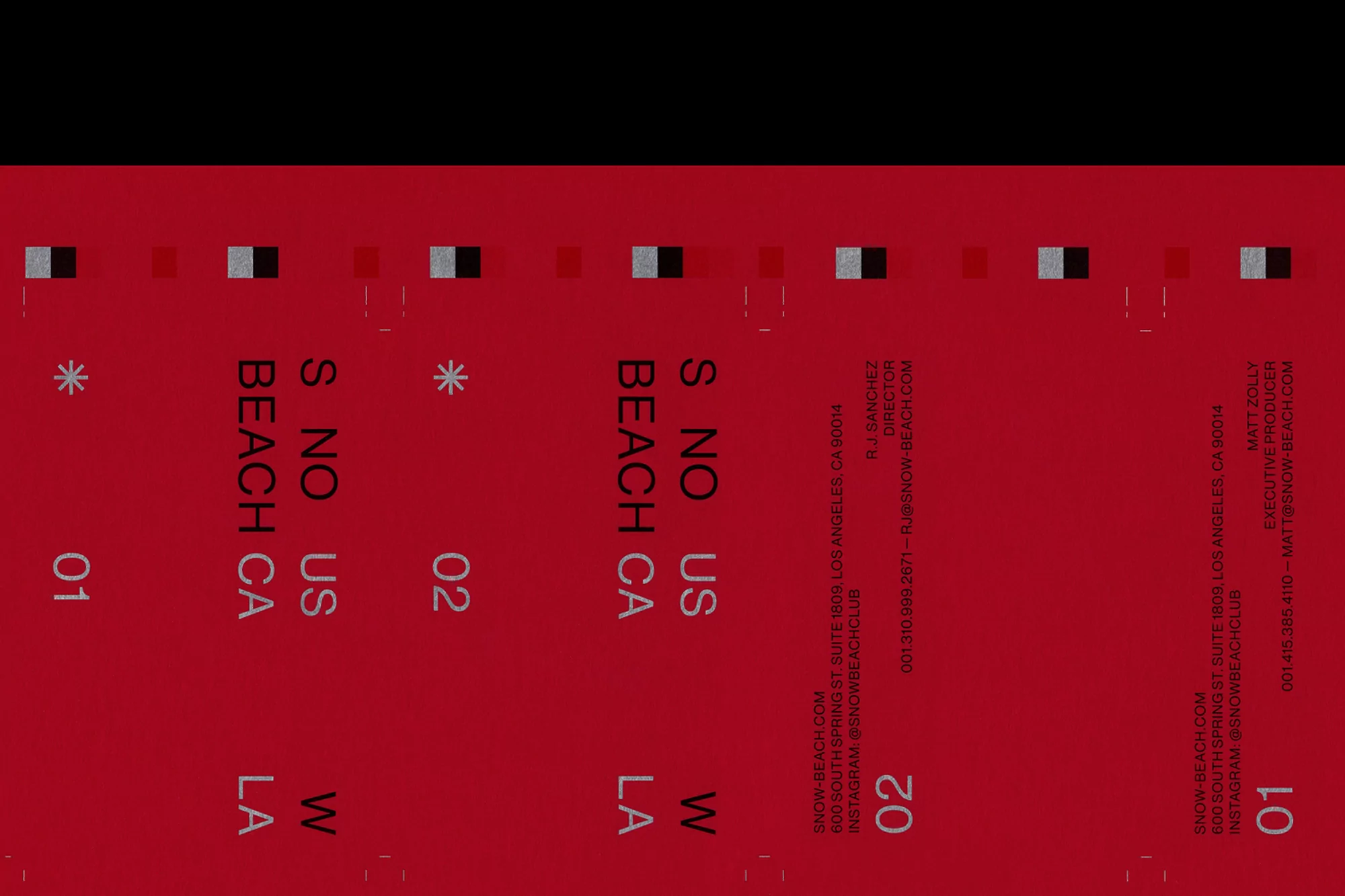 Red graphic background with white text featuring company contact information, including address, website and personnel contacts.