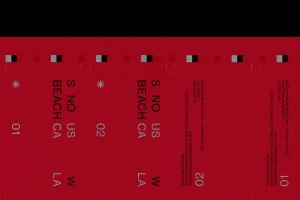 Red brand identity design layout for Snow Beach featuring typography and graphic elements by Lundgren and Lindqvist.