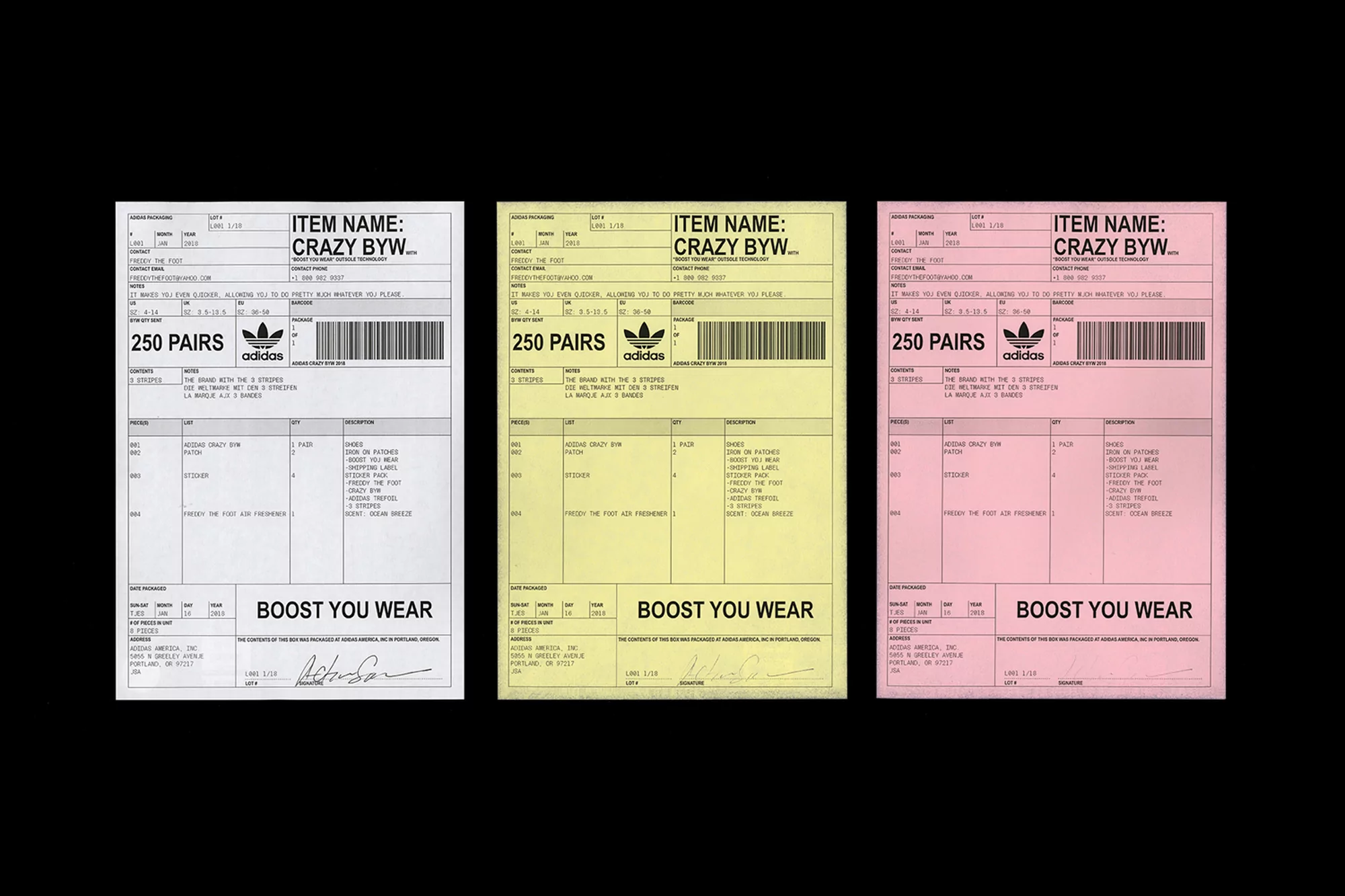 Three Adidas Crazy BYW invoice-style ads in white, yellow, and pink with the Adidas logo and 'Boost You Wear' text. Close-up studio shot.