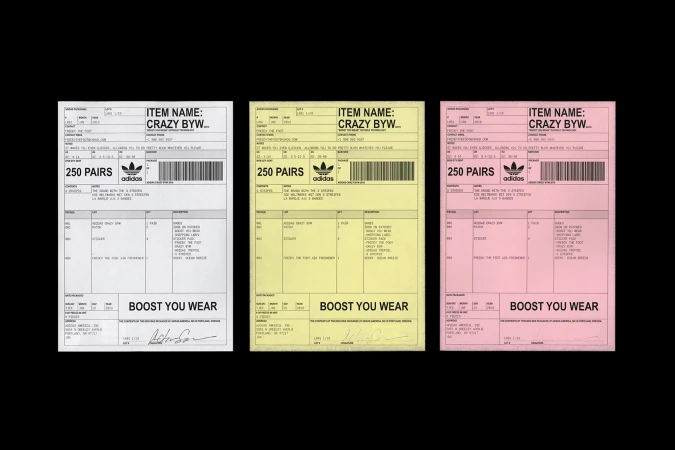 Three Adidas Crazy BYW invoice-style ads in white, yellow, and pink with the Adidas logo and 'Boost You Wear' text. Close-up studio shot.