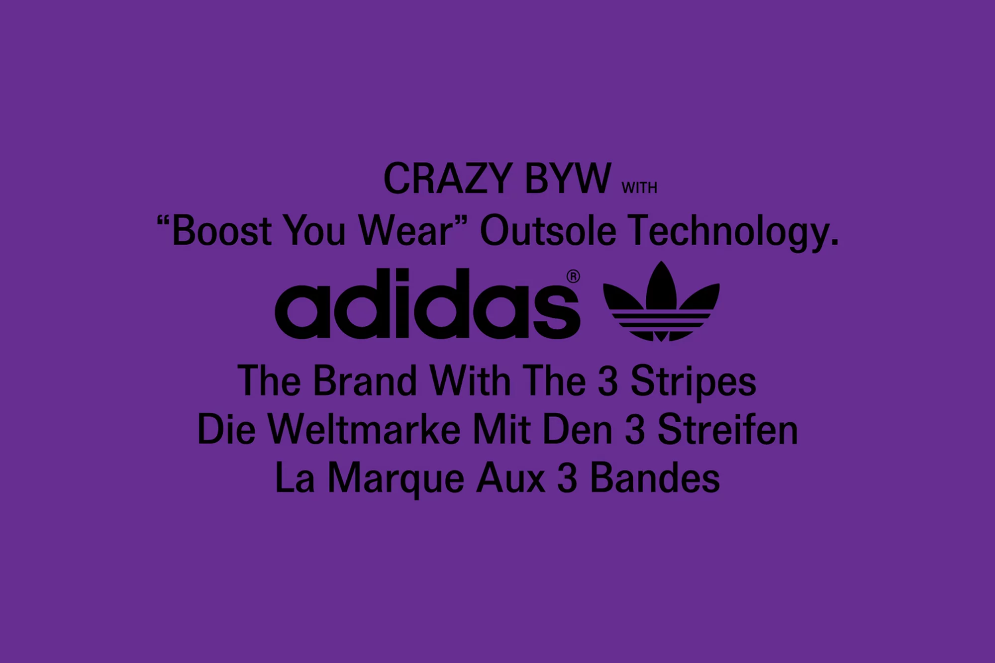 Adidas brand logo on purple background. Text includes: CRAZY BYW WITH 'Boost You Wear' Outsole Technology. The brand with the 3 stripes.