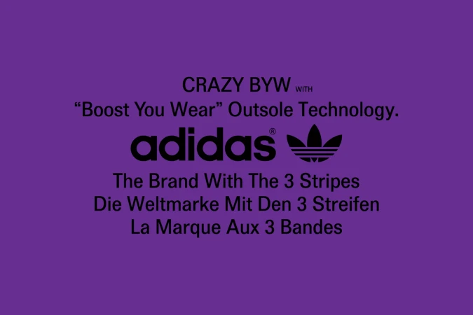 Adidas brand logo on purple background. Text includes: CRAZY BYW WITH 'Boost You Wear' Outsole Technology. The brand with the 3 stripes.