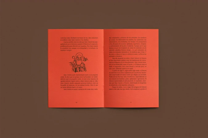 Open book with Spanish text and illustrations of Saint Anthony, set against a brown background.