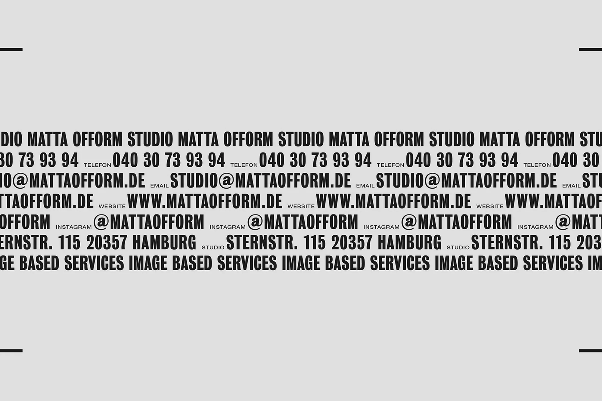 Text-based graphic with repeated branding, contact information, and website details for Matta Ofform Studio on a solid gray background.