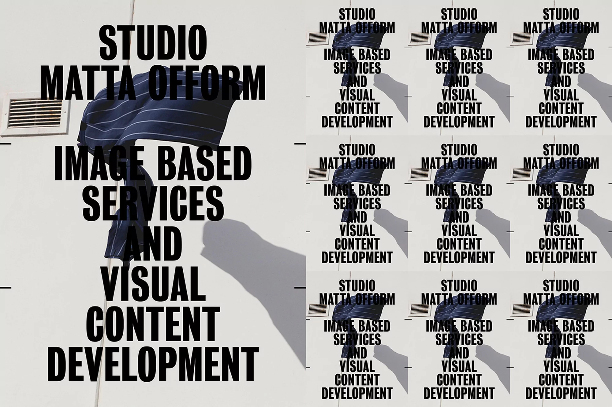 Graphic art with the words 'Studio Matta Ofform, Image Based Services and Visual Content Development' in black on a white wall.