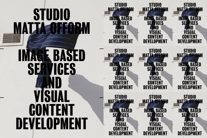 Graphic art with the words 'Studio Matta Ofform, Image Based Services and Visual Content Development' in black on a white wall.