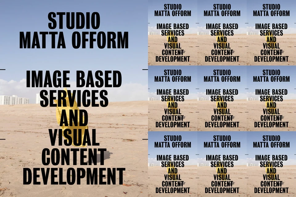 Studio Matta Ofform advertisement featuring text over a tan landscape with building in the background, set against a clear sky.