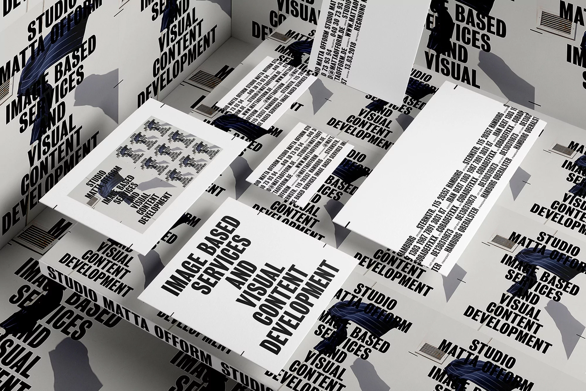 Studio Matta Ofform promotional display featuring image-based services and visual content development, with modern graphic design elements.