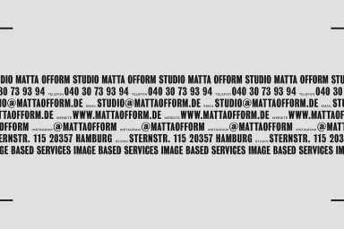 Repeated typographic brand identity pattern featuring studio contact information against a light grey background