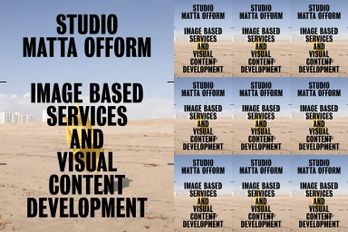 Graphic design brand identity presentation featuring bold black typography over a sandy beach landscape background
