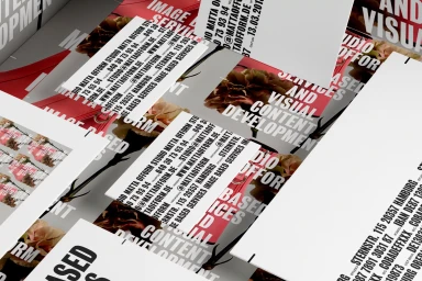 Overlapping business cards and stationery showcasing brand identity design for Matta Ofform with bold typography and photography details.
