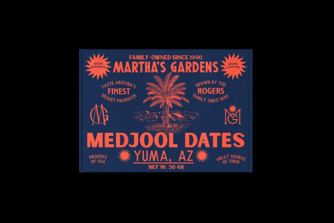 Box of Martha's Gardens Medjool Dates with desert scene, family-owned since 1990, Arizona produce, Yuma, AZ, orange on blue.