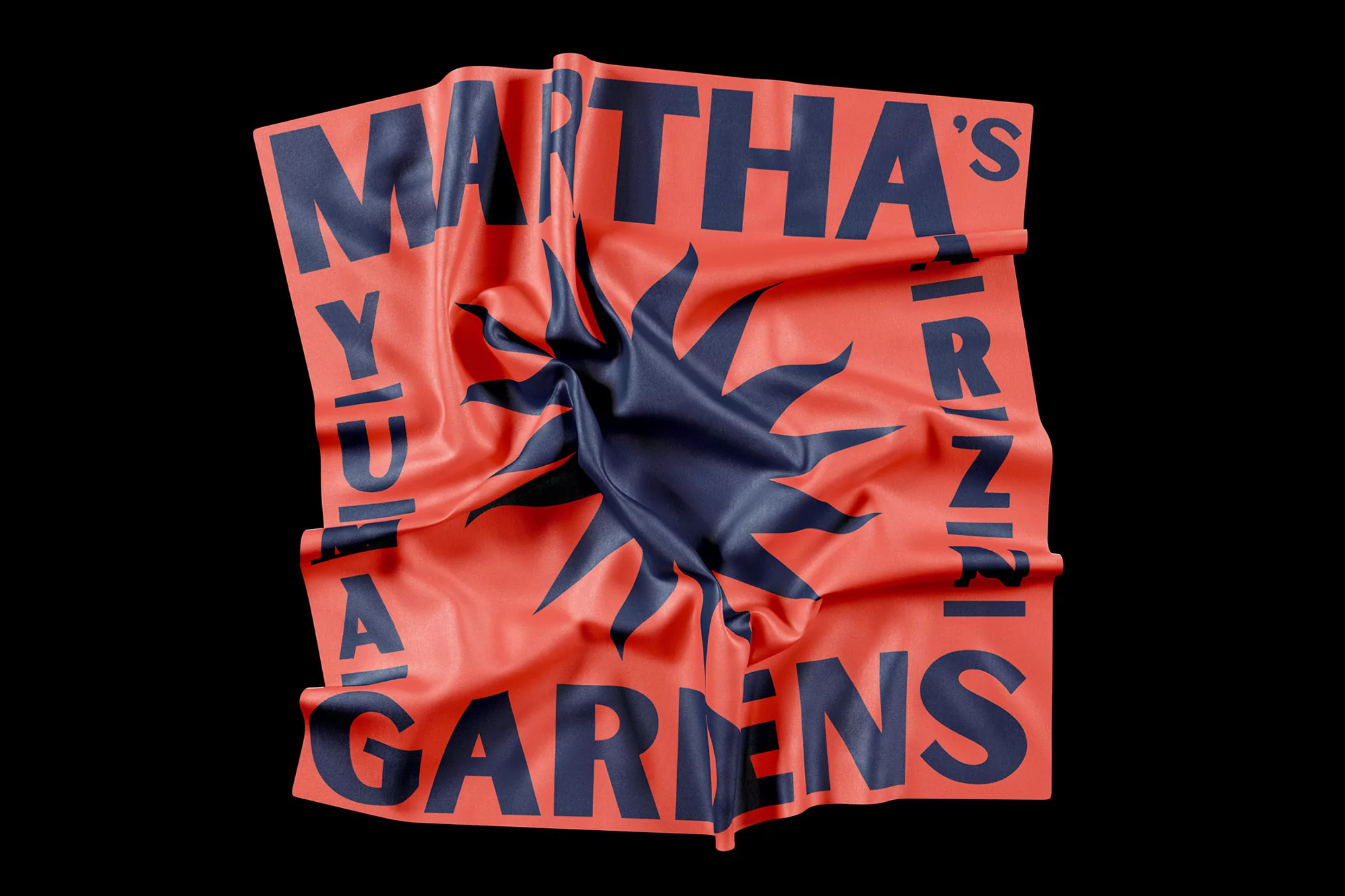 Graphic art featuring a vibrant coral fabric with a navy blue sunburst design, text reading 'Martha's Yuina Gardens' against a stark black background.
